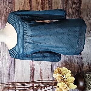 LAUREN CONRAD SHEER PINE GREEN SWISS DOT  3/4 SLEEVE PULLOVER BLOUSE